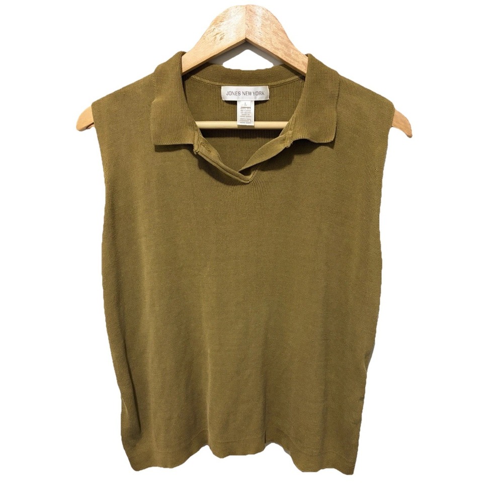 Jones New York 100% Silk Ribbed Sleeveless Polo Top Olive Green Vintage L